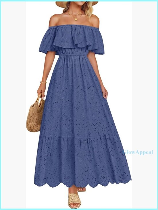 Dresses & Skirts - Off Shoulder Ruffle Midi Dress Hollow Out Embroidery High Waist Party